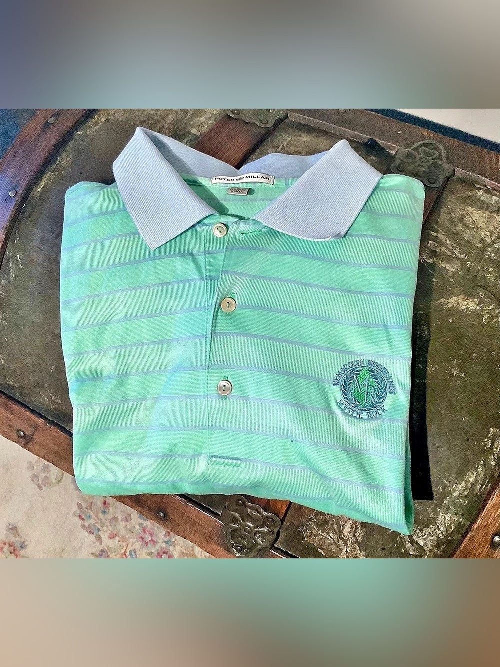 Peter Millar Striped Cotton Polo in Green & Purple - Men’s Size Large - Mystic R
